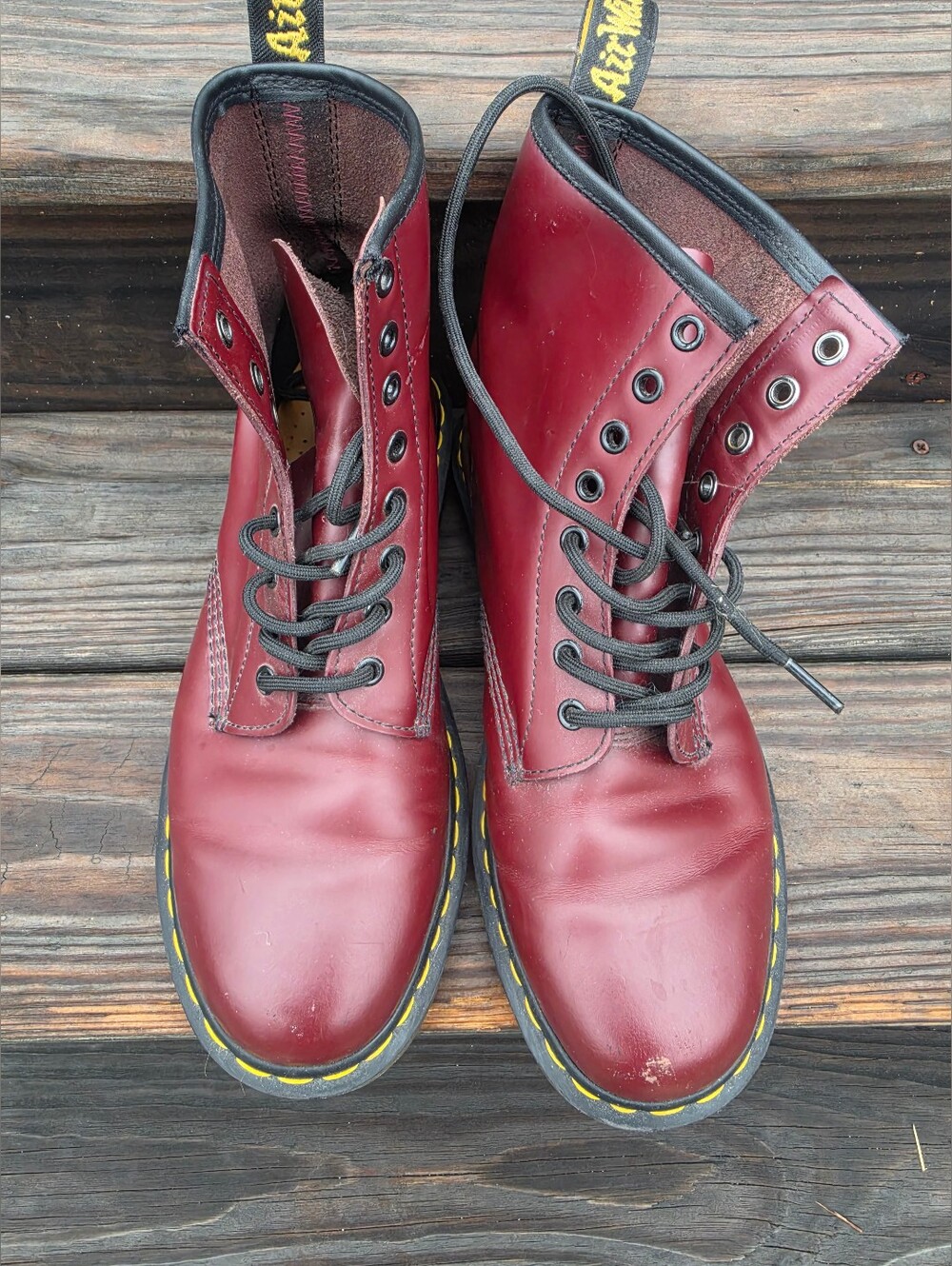Dr. Martens Men's Burgundy Leather 8-Eye Lace-Up Boots with Yellow Stitching